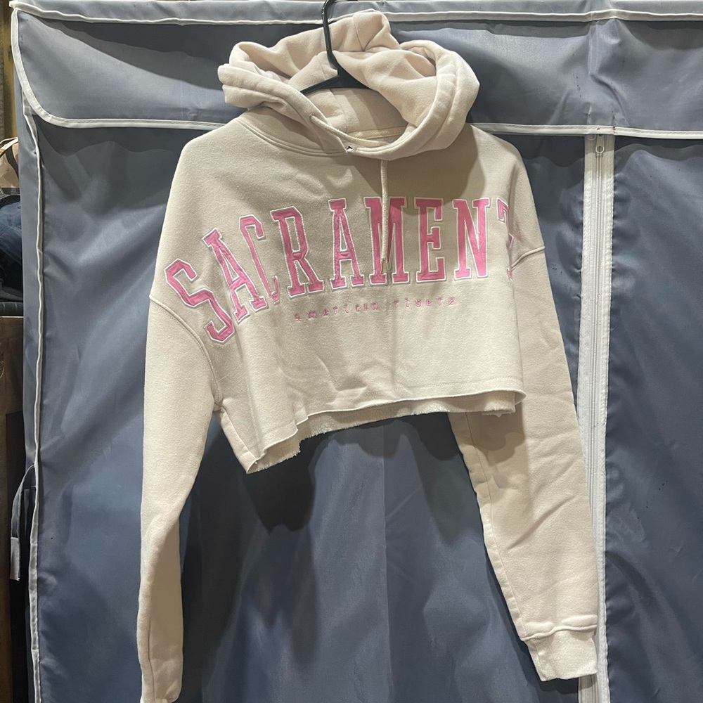 Forever 21 Cream Cropped Hoodie with Pink Lettering